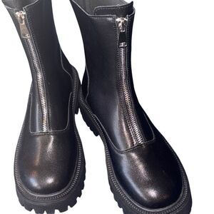 Black Zippered Vegan Leather Combat Punk Boots